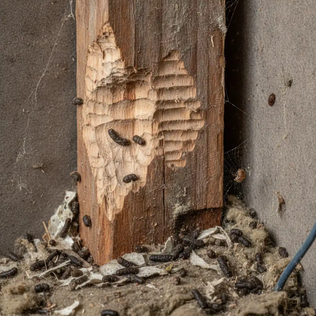 Mouse droppings and gnaw marks on structural wood indicating an active infestation
