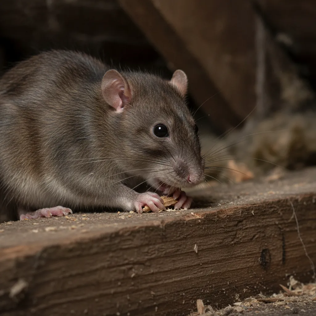 Norway rat causing structural damage by chewing on attic timber