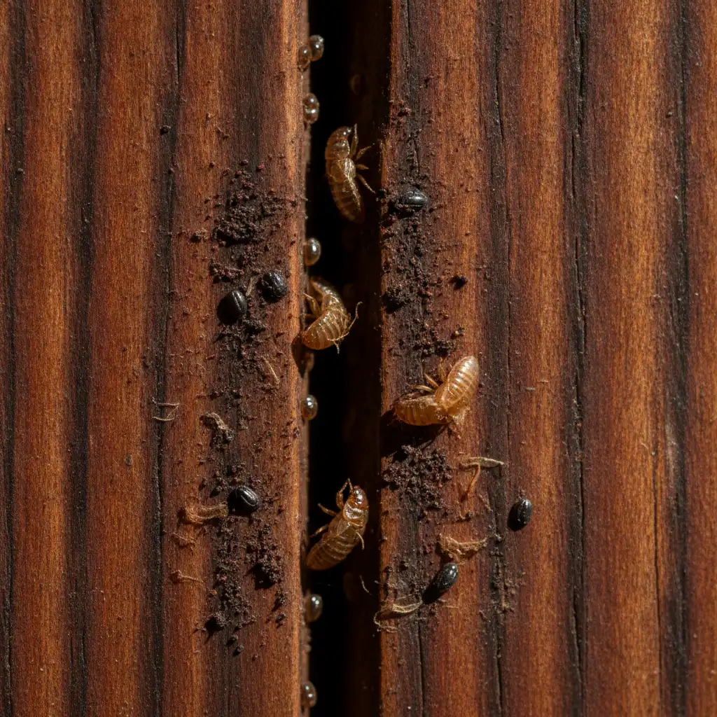 Physical signs of a bed bug infestation on a wooden bed frame