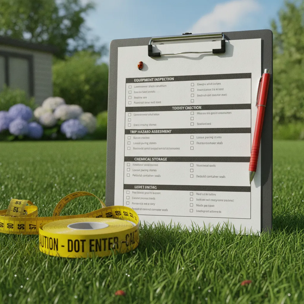 Professional clipboard with a safety checklist and measuring tape on a manicured lawn