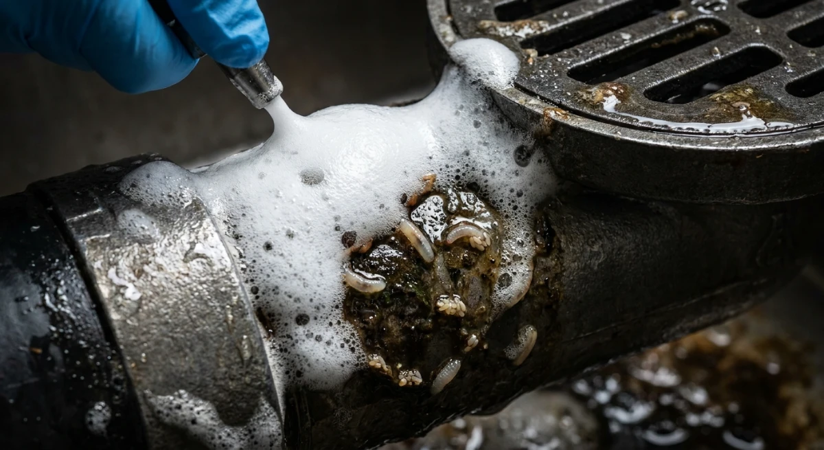 Professional drain foaming treatment for fruit flies