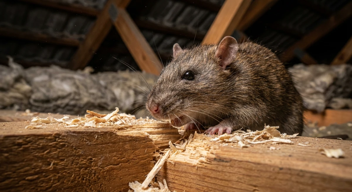 Rat gnawing through roof timber in a dark cavity