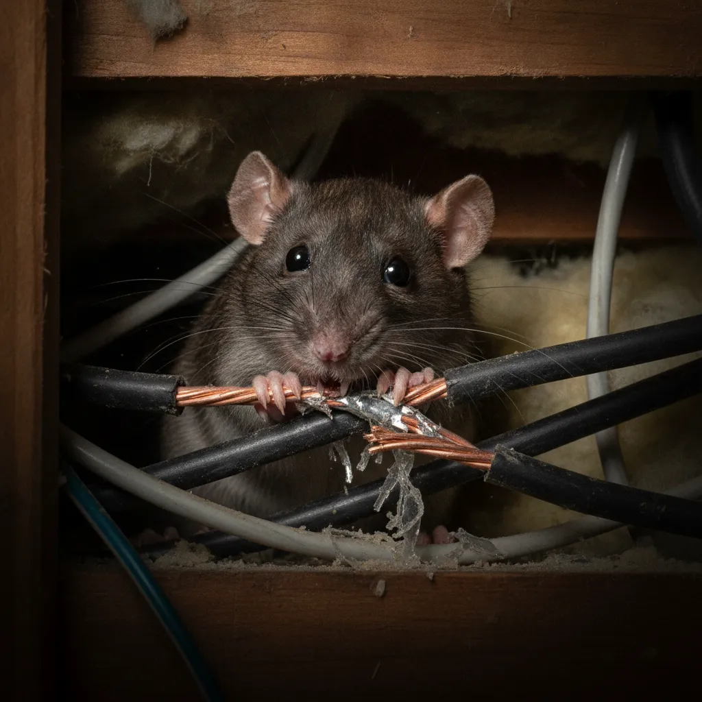 Roof rat chewing electrical wires inside a building cavity