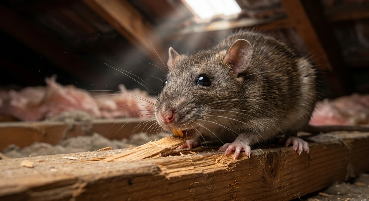 Roof rat chewing structural timber in Auckland ceiling cavity
