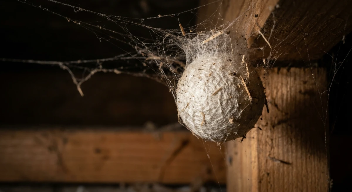 Spider egg sac and tangled webbing hidden inside an Auckland residential roof void