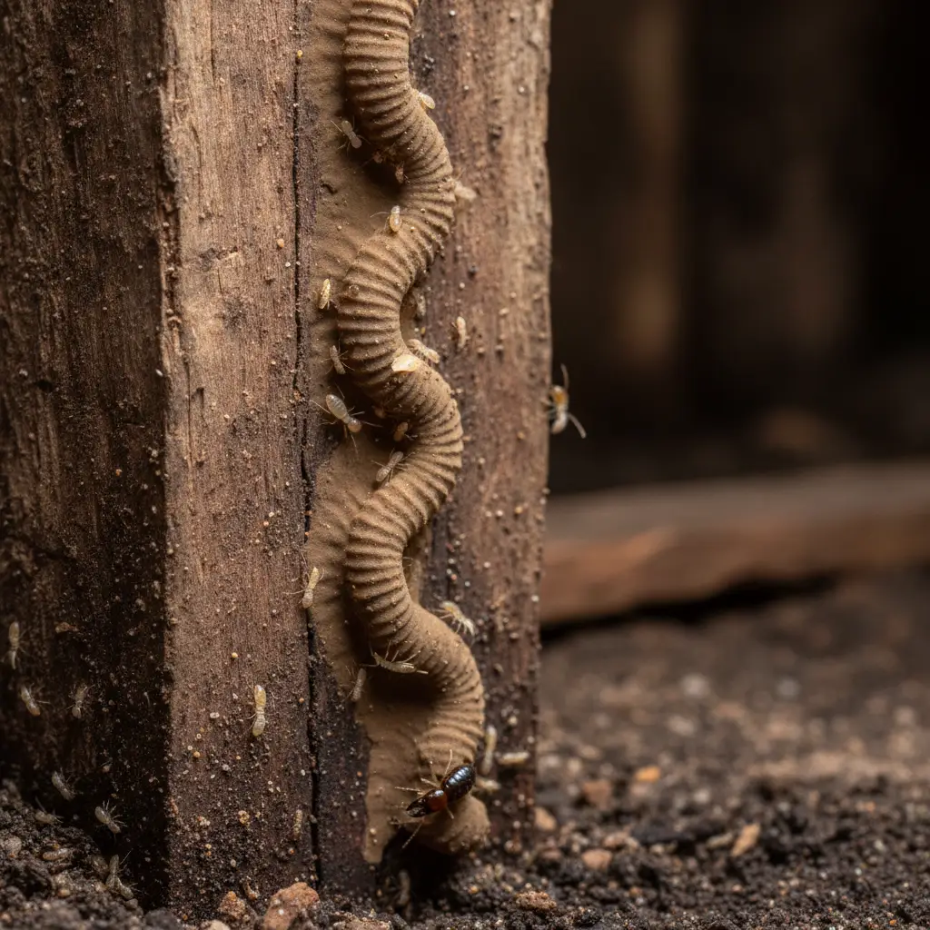 Subterranean termite mud tube extending up a timber foundation
