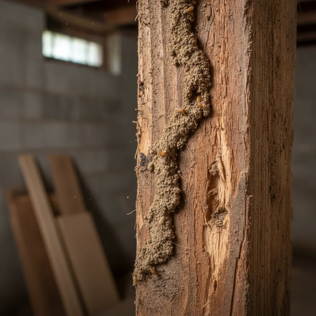 Termite mud tube visible on a wooden structural beam