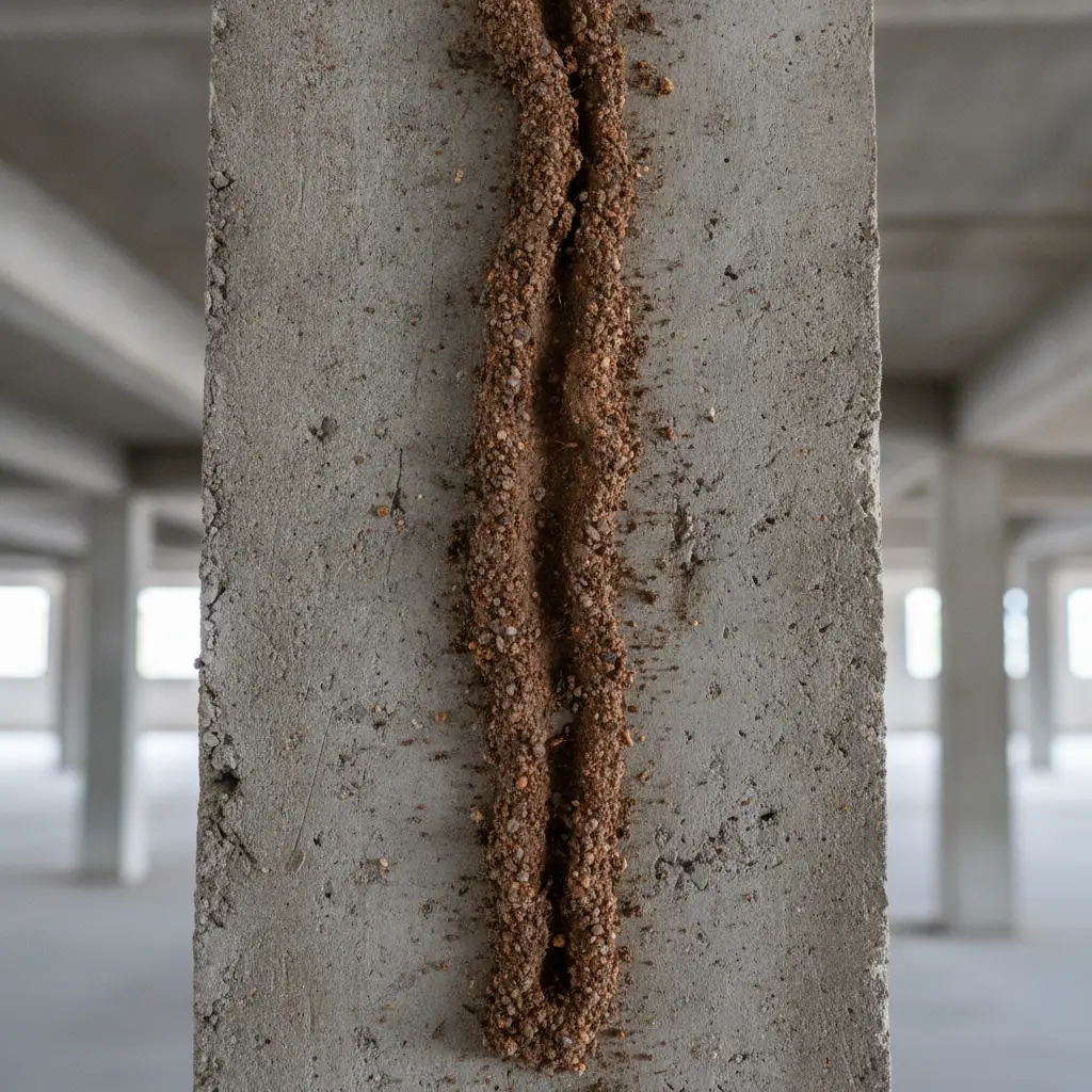 Termite mud tube visible on the concrete foundation of an industrial building