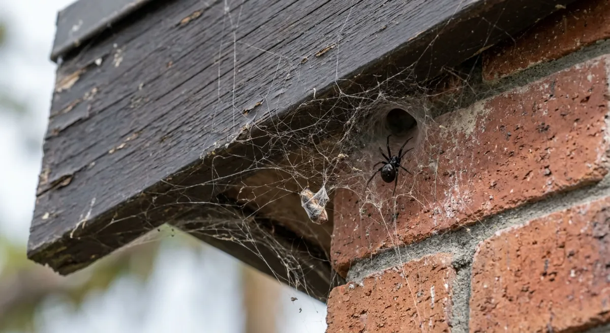 Thick spider webs on the exterior eaves of a residential home indicating a severe infestation