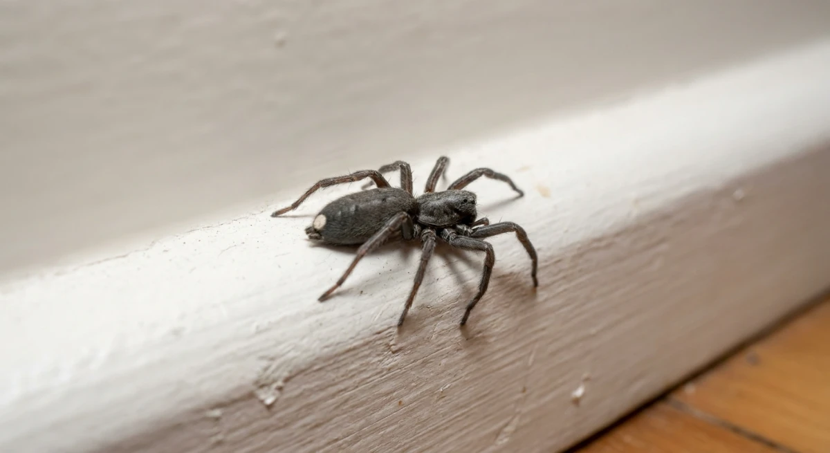 White-Tailed Spider crawling on a wooden skirting board